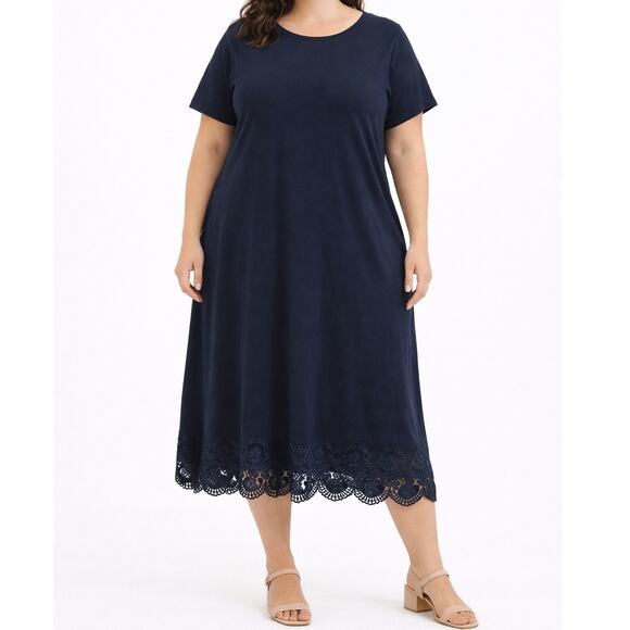 Chico's Dresses & Skirts - Chicos Travelers Midi Dress 2 Large Slinky Stretch Knit Lace Trim Navy Cruise